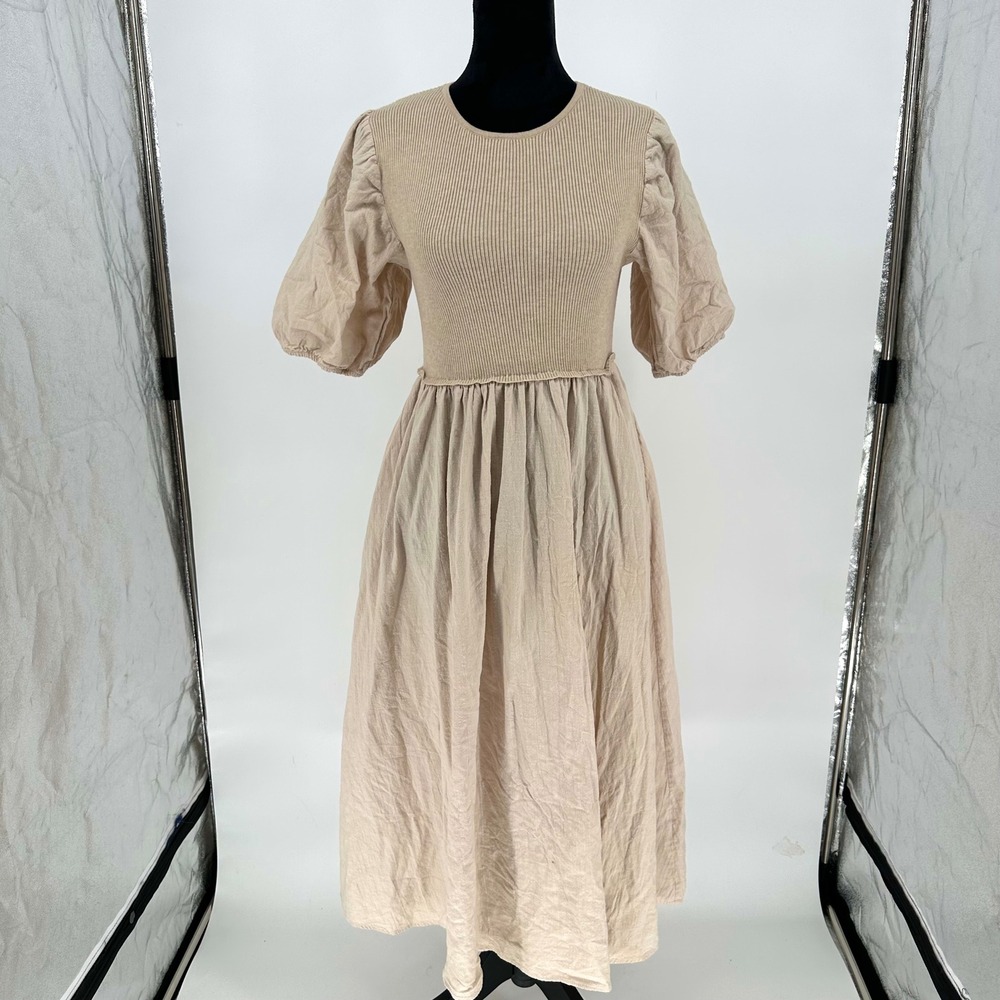 Shop Stevie Beige Puff Sleeve Midi Cottage Peasant Dress Pockets Ribbed Cotton L